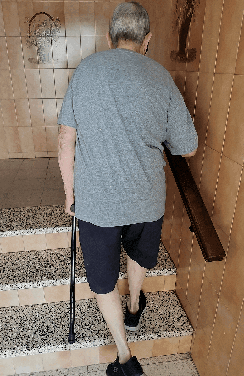 Paciente mayor practicando la marcha en escaleras del domicilio durante sesión de fisioterapia neurológica en Sevilla